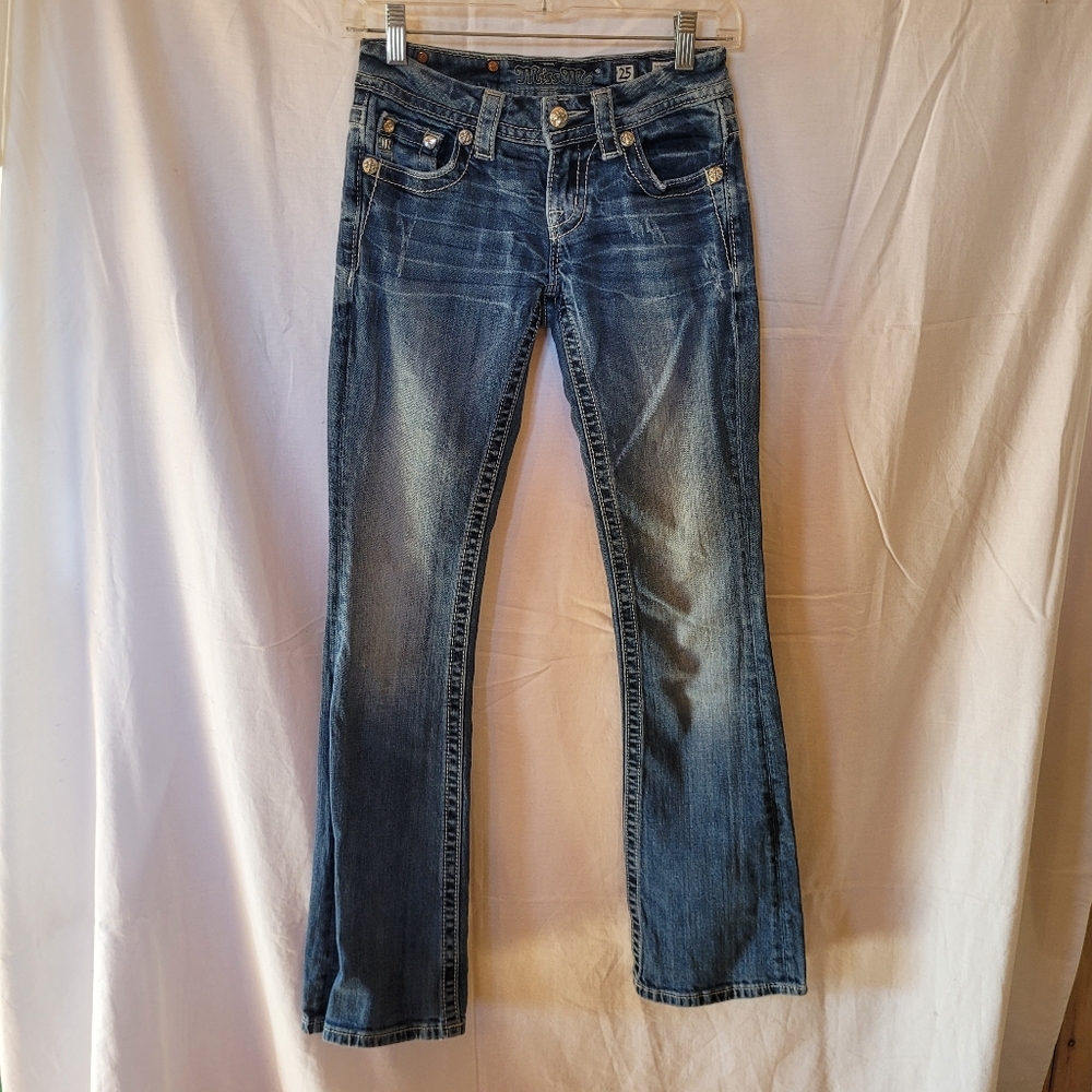MISS ME Stretch Jeans Signature-Rise Boot Cut Bling Lace Embellished Size 25